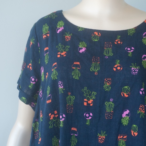 Modcloth 3X Navy Blue Cactus Plant Print Linen Blend Top - Picture 4 of 8